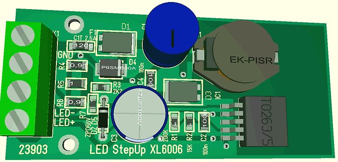 CAD-Ansicht einer LED StepUp XL6006 Leiterplatte