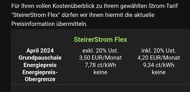 Preisinformation Strom-Tarif SteirerStrom Flex