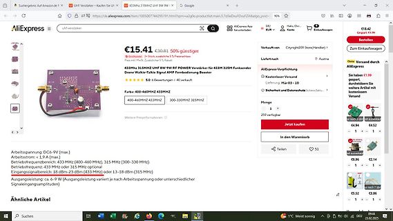 AliExpress Produktseite für 433MHz UHF Verstärker