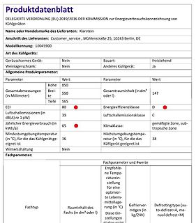 Produktdatenblatt für ein Kühlgerät
