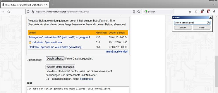 Screenshot eines Mikrocontroller-Forums