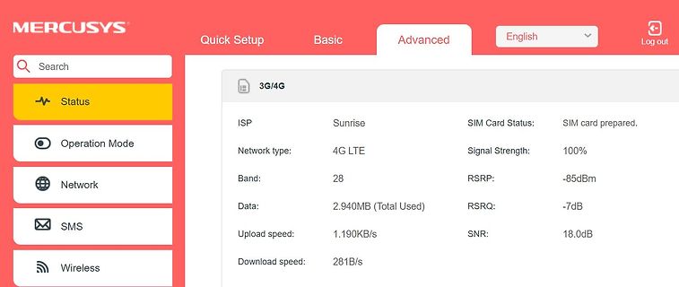 Webinterface Statusanzeige eines Mercusys 3G/4G Routers