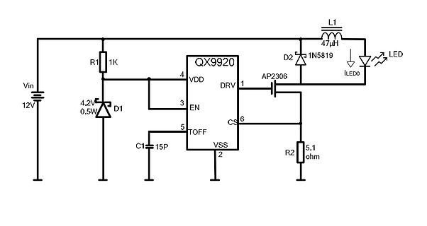 Schaltplan eines LED-Treibers mit QX9920