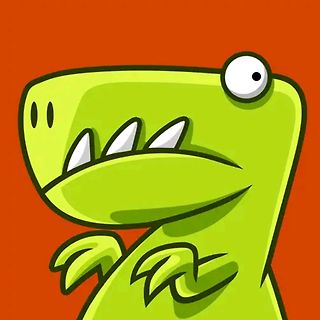 Grüner Comic-Dinosaurier auf orangefarbenem Hintergrund