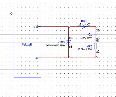 Schaltplan mit Netzteil, Diode, Kondensator und Widerstand