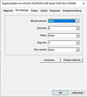 Einstellungen eines Prolific USB Serial COM Ports
