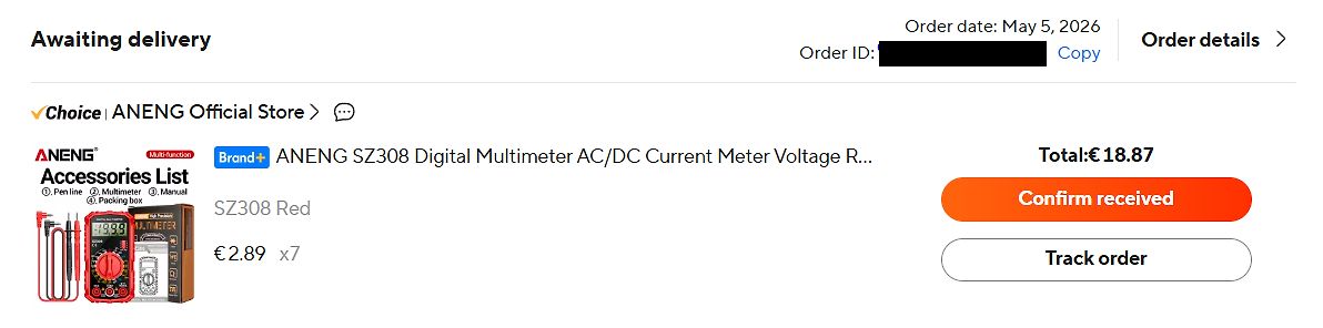 Bestellübersicht eines Digital Multimeters