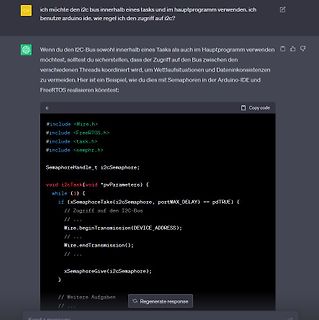 Screenshot einer Chat-Antwort mit C++ Code für FreeRTOS