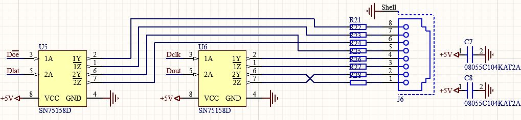 Schaltplan mit zwei SN75158D ICs und einem Stecker J6