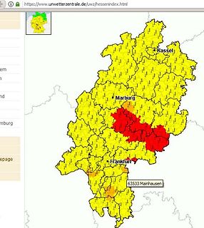 Wetterkarte von Hessen mit Warnfarben
