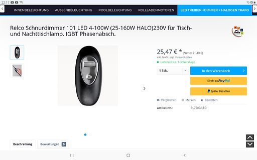 Screenshot eines Online-Shops für einen Relco Schnurdimmer