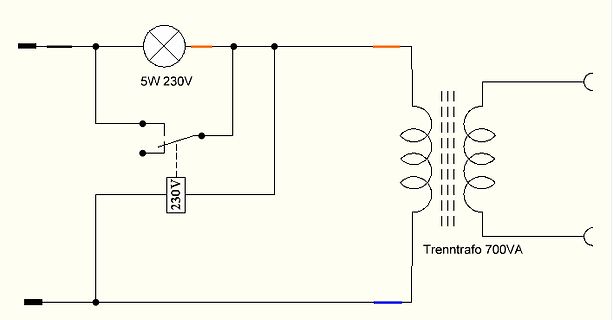 Schaltplan mit Trenntransformator und Lampe