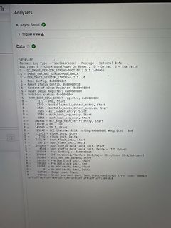 Abfotografierter Bildschirm einer Logikanalysator-Software mit Seriellen Daten