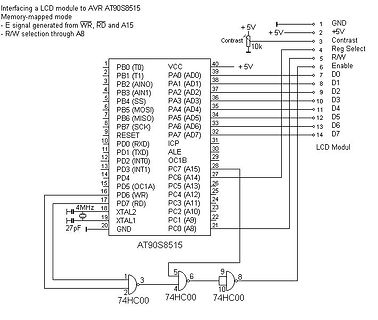 Schaltplan zur Ansteuerung eines LCD-Moduls mit AT90S8515