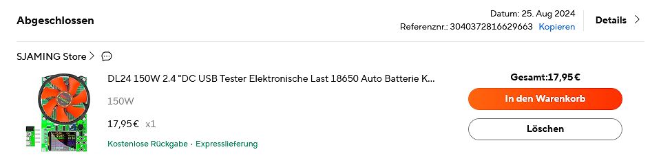 Screenshot eines Online-Shops für einen elektronischen Lastwiderstand