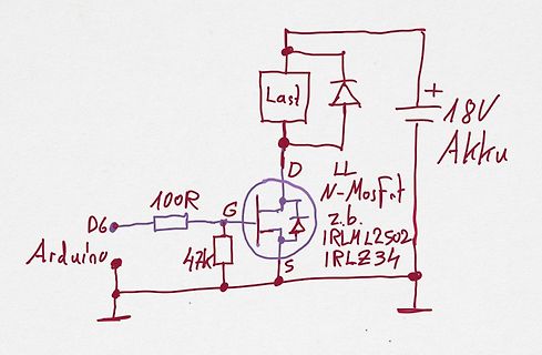 Handgezeichneter Schaltplan mit MOSFET und Arduino