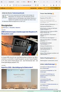 Screenshot der Website mikrocontroller.net mit Artikel und Forenbeiträgen