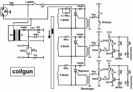 Schaltplan einer Coilgun mit mehrstufiger Ladung