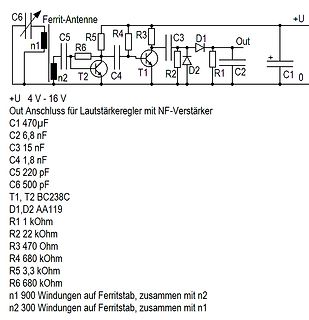 Schaltplan einer Ferrit-Antenne mit Verstärkerstufe