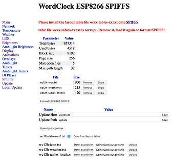 Webinterface für WordClock ESP8266 SPIFFS Dateiverwaltung