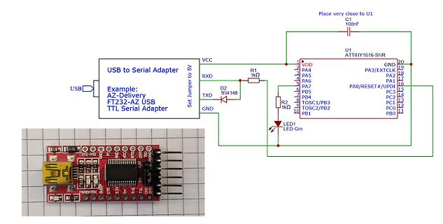 Schaltplan und Foto eines USB-zu-Seriell-Adapters