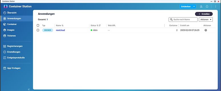 Benutzeroberfläche Container Station mit laufendem Nextcloud-Container