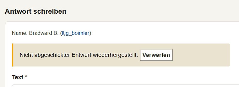 Screenshot eines Foren-Eingabefeldes mit Entwurfs-Hinweis