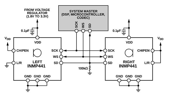 Schaltplan mit zwei INMP441 Mikrofonen und System Master