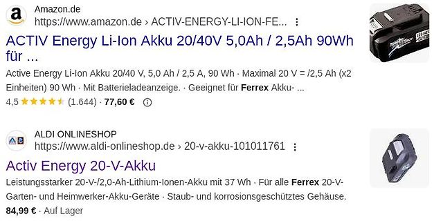 Amazon und Aldi Onlineshop Suchergebnisse für Akkus