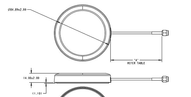 Technische Zeichnung eines runden Bauteils mit Kabel