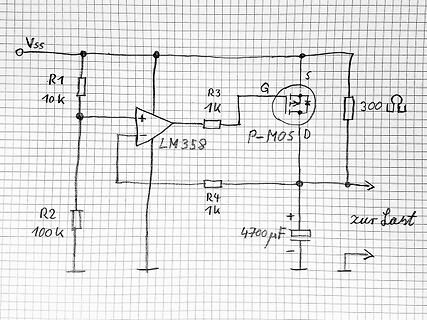 Handgezeichneter Schaltplan mit LM358 und P-MOSFET