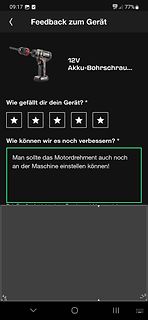 Feedback-Formular für ein Akku-Bohrschrauber-Gerät