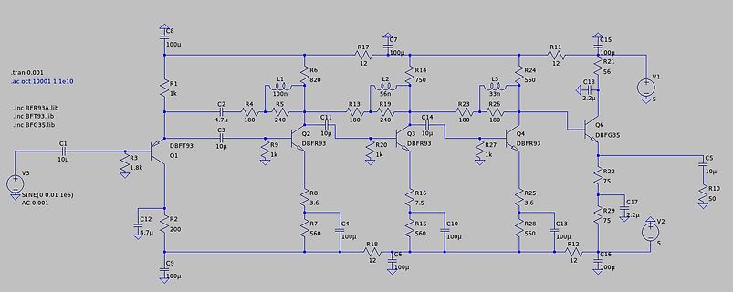 Schaltplan einer Transistorstufe mit LC-Gliedern