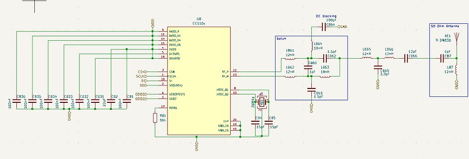 Schaltplan eines Funkmoduls mit Balun und Antenne
