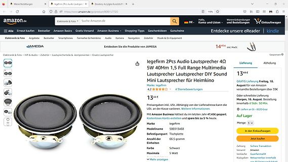 Amazon-Produktseite für zwei Lautsprecher