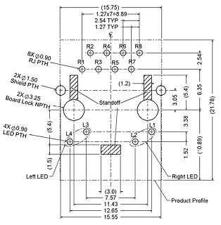 Technische Zeichnung eines PCB-Layouts mit Bemaßung