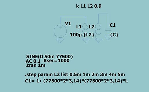 Schaltplan und SPICE-Simulationstext eines LC-Re resonanzkreises