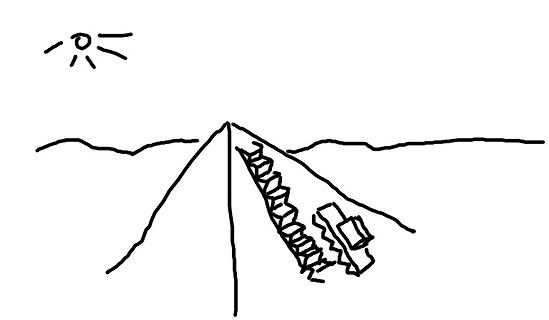 Einfache Strichzeichnung einer Landschaft mit Sonne und Berg