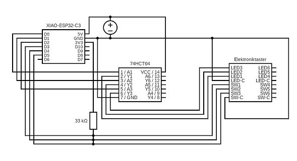 Schaltplan XIAO-ESP32-C3 mit 74HCT04 und Elektroniktaster