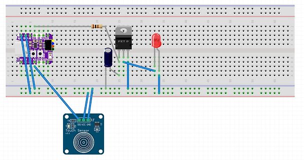 Virtueller Aufbau auf einem Breadboard mit Touch Sensor und LED