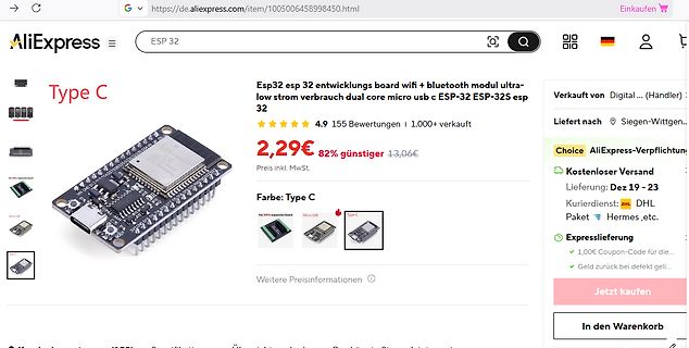 AliExpress Produktseite ESP32 Entwicklungsboard