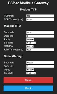 Konfigurationsmenü eines ESP32 Modbus Gateways