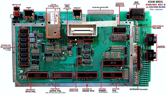 Beschriftete Leiterplatte eines Atari 800XL