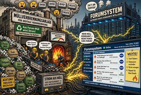 Comic-Illustration einer Müllverbrennungsanlage für ein Internetforum