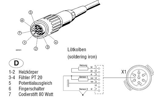 Technische Zeichnung und Anschlussbelegung eines Lötkolbens