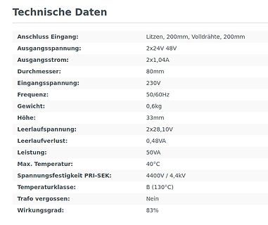 Tabelle mit technischen Daten eines Transformators