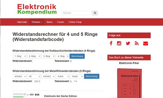Webseite mit Widerstandsrechner für Farbcodes
