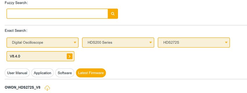 Webseite für Firmware-Download eines Oszilloskops