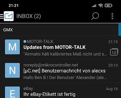 Screenshot eines E-Mail-Posteingangs auf einem Smartphone