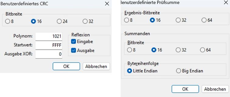 Einstellungen für benutzerdefinierte CRC und Prüfsumme